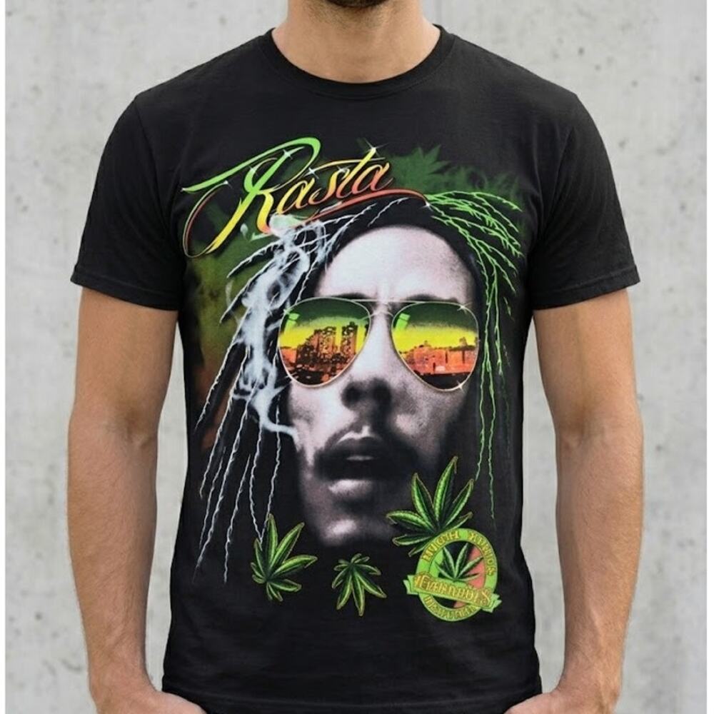 Bob Marley Rasta T-Shirt High Times Cannabis Sunglasses Reggae Black Mens Size L